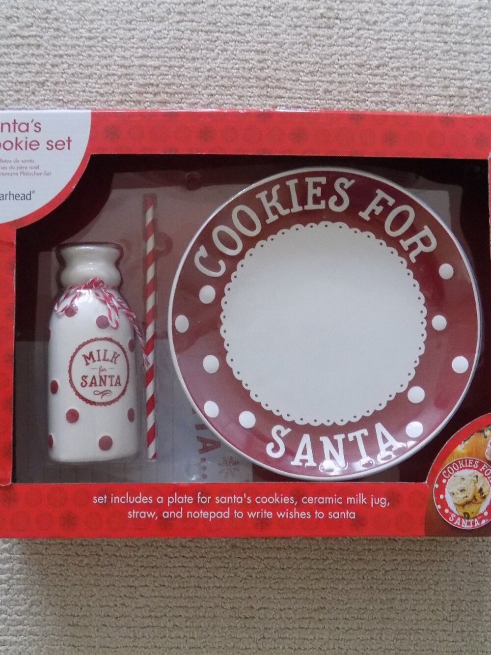 NEW IN BOX PEARHEAD SANTA'S COOKIE SET RED POLKA DOT CERAMIC PLATE AND MILK JUG